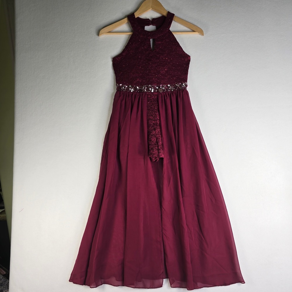 Xtraordinary Girls Burgundy Lace Romper Maxi Dress Sequin Waist Size 8 Formal